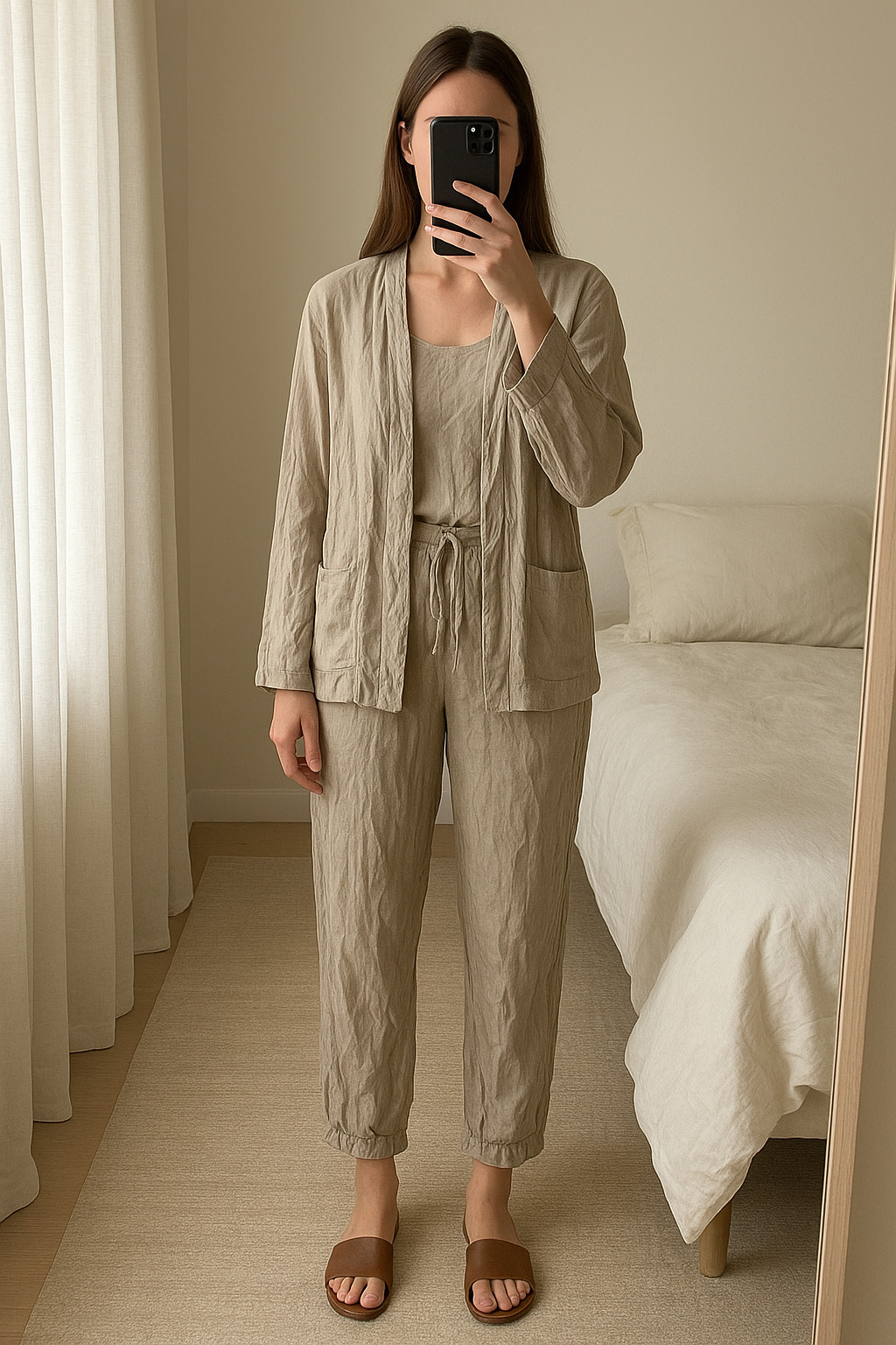 Ensemble kimono zara de pie, mirando a la cámara, en un dormitorio con luz suave y natural filtrándose por la ventana.