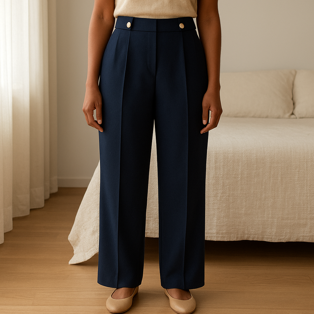 Une personne en Pantalon Tailleur T34 mango debout, face à la caméra, dans une chambre à la lumière douce, avec une lumière naturelle filtrant par la fenêtre.