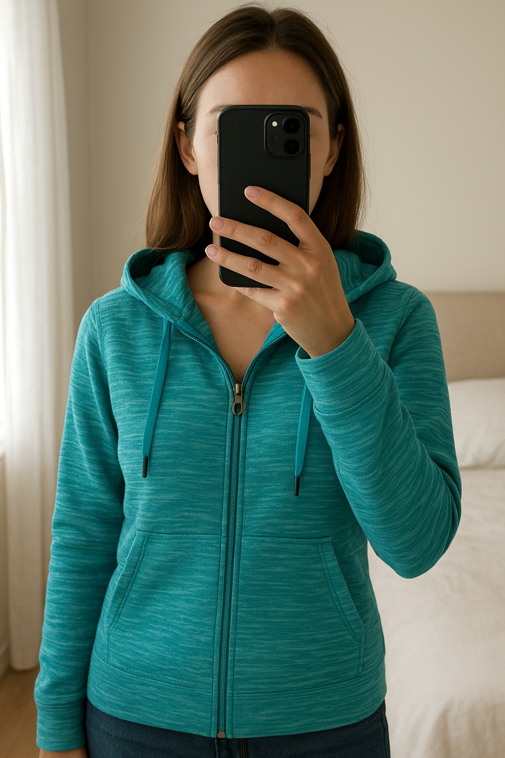 (TNF3) Veste Polaire The North Face femme turquoise taille L - TNF comme neuf debout, face à la caméra, dans une chambre à la lumière douce, avec une lumière naturelle filtrant par la fenêtre.