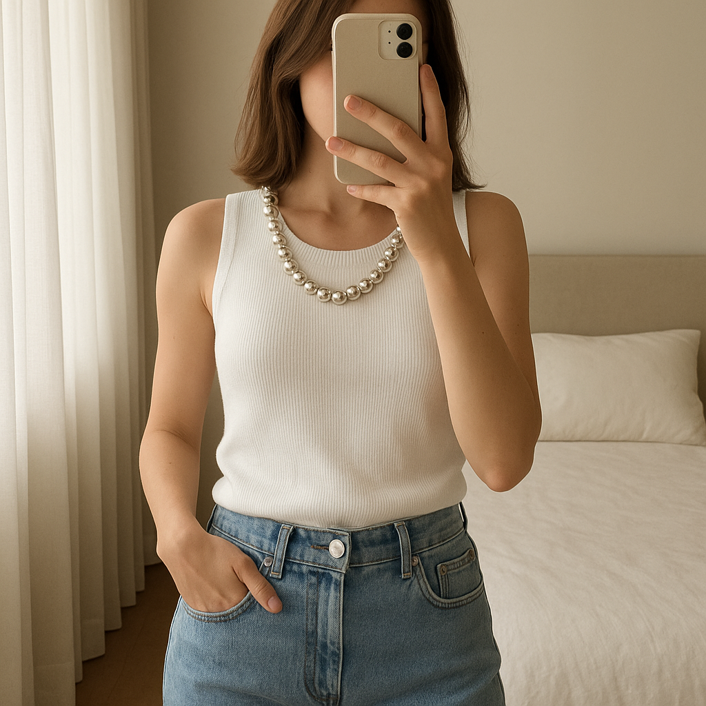 Haut Zara Blanc Neuf T36 debout, face à la caméra, dans une chambre à la lumière douce, avec une lumière naturelle filtrant par la fenêtre.