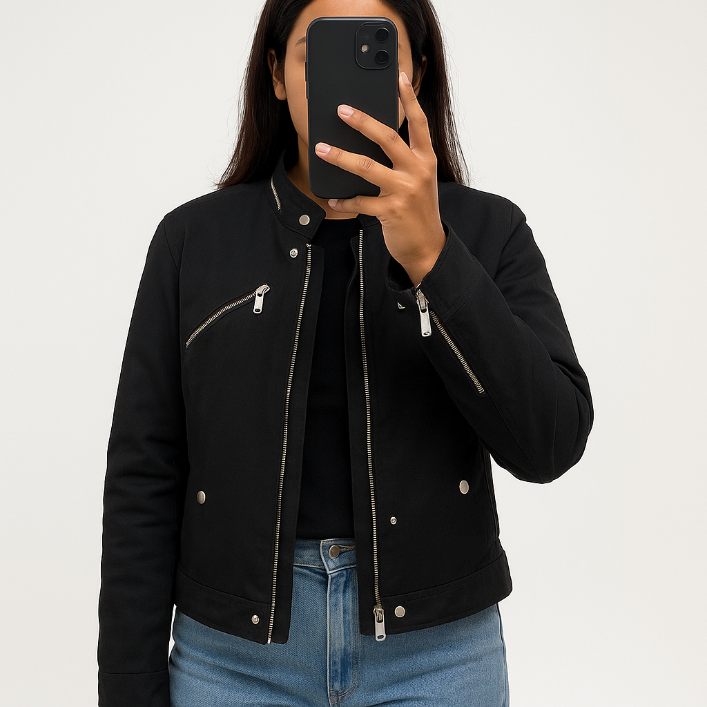 Une personne en 🧥 Veste femme GEOX – Taille 40 – Noire 🧥 debout, face à la caméra, dans un studio photo épuré avec fond blanc et éclairage doux.