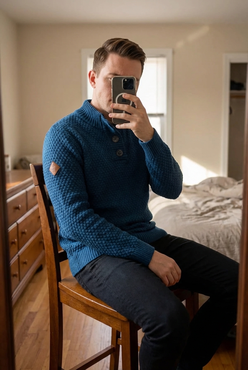 Une personne en Pull Camionneur Fait Main Quarterzip Diesel 100% coton Bleu L assis sur une chaise haute, avec une posture détendue, dans une chambre à la lumière douce, avec une lumière naturelle filtrant par la fenêtre.