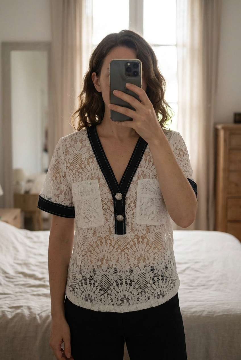 Top Claudie Pierlot T36 dentelle neuf debout, face à la caméra, dans une chambre à la lumière douce, avec une lumière naturelle filtrant par la fenêtre.