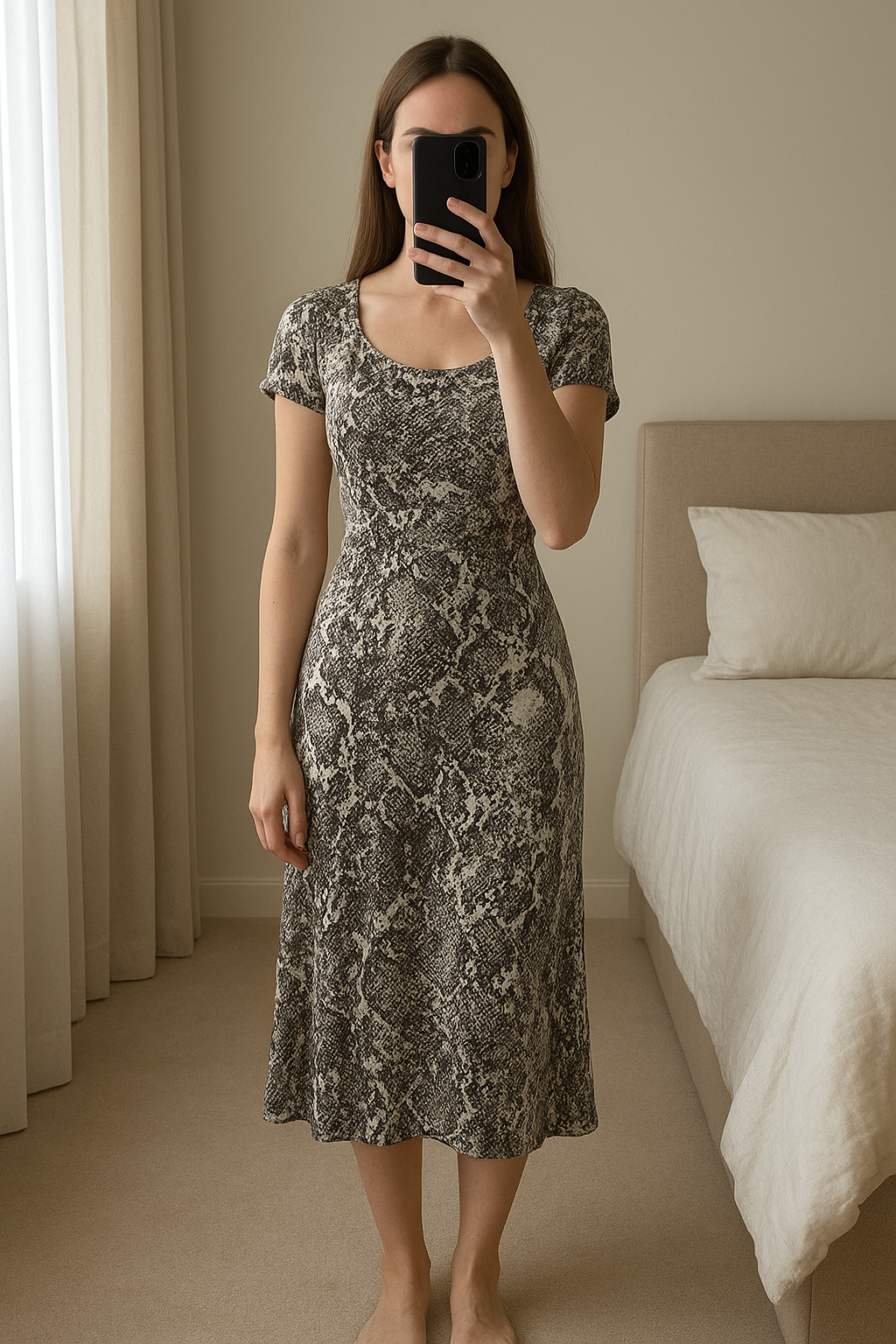 Morgan de toi robe motifs été vêtement S 36 debout, face à la caméra, dans une chambre à la lumière douce, avec une lumière naturelle filtrant par la fenêtre.