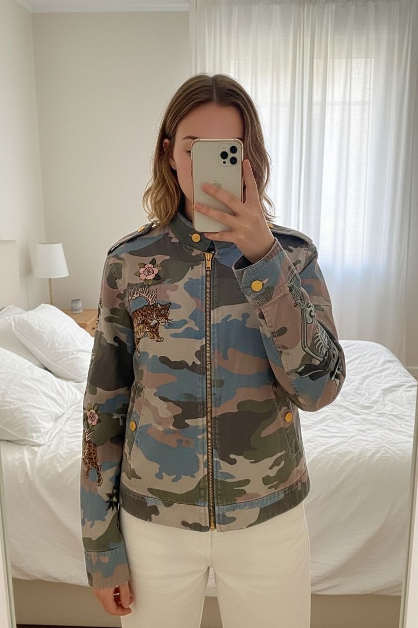 Veste kaki Zadig & Voltaire XS debout, face à la caméra, dans une chambre à la lumière douce, avec une lumière naturelle filtrant par la fenêtre.