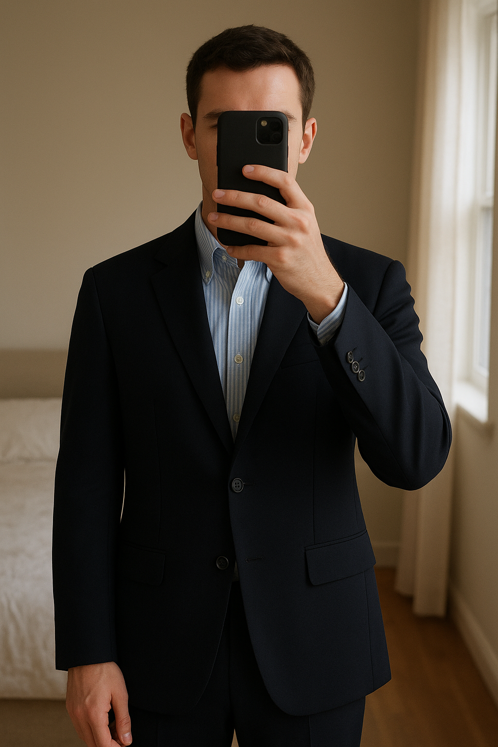 Roderick Charles men's navy suit 40L trousers 36L standing straight facing the camera, in a softly lit bedroom setting, with gentle natural light filtering through a window.