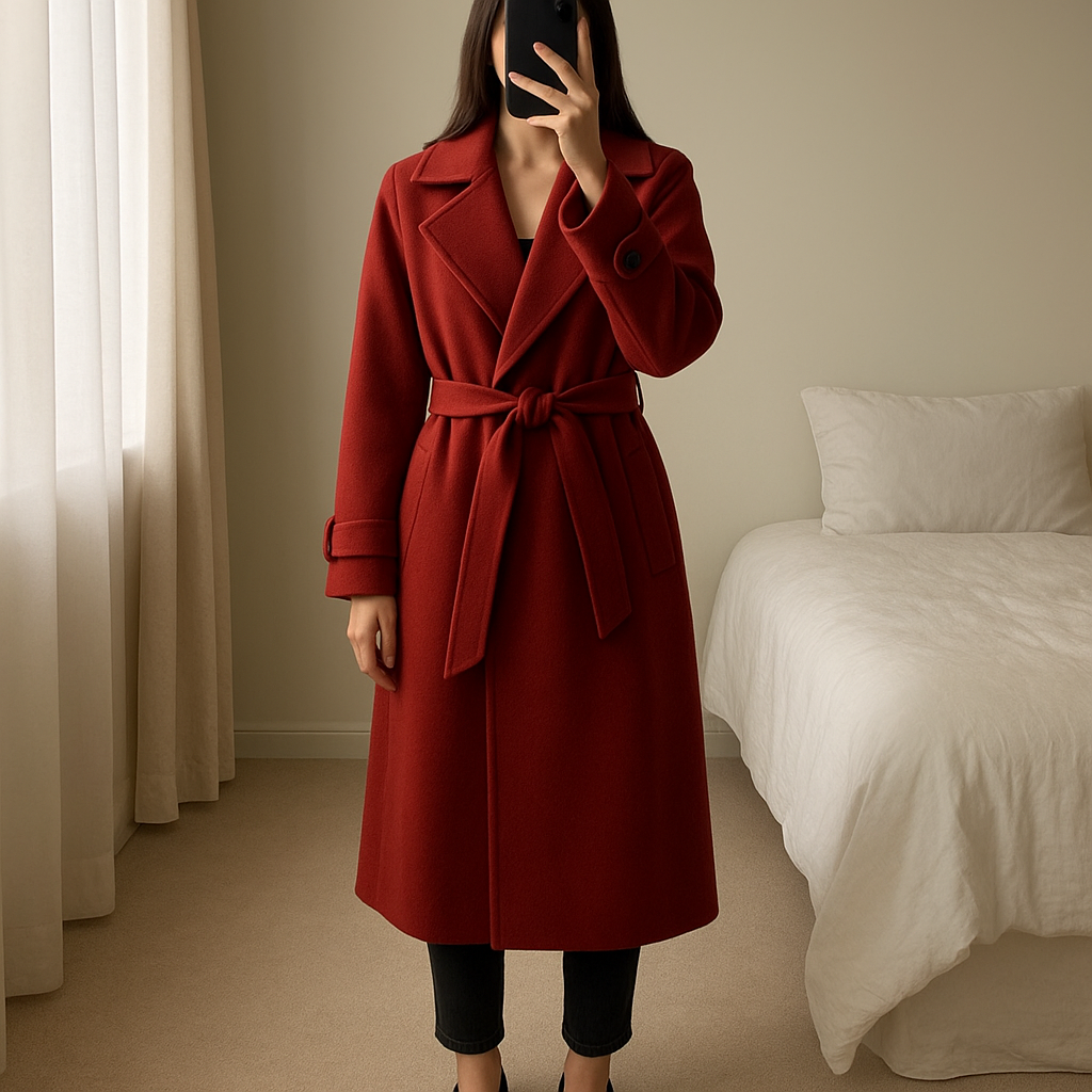 Manteau femme long bordeaux 130 cm debout, face à la caméra, dans une chambre à la lumière douce, avec une lumière naturelle filtrant par la fenêtre.