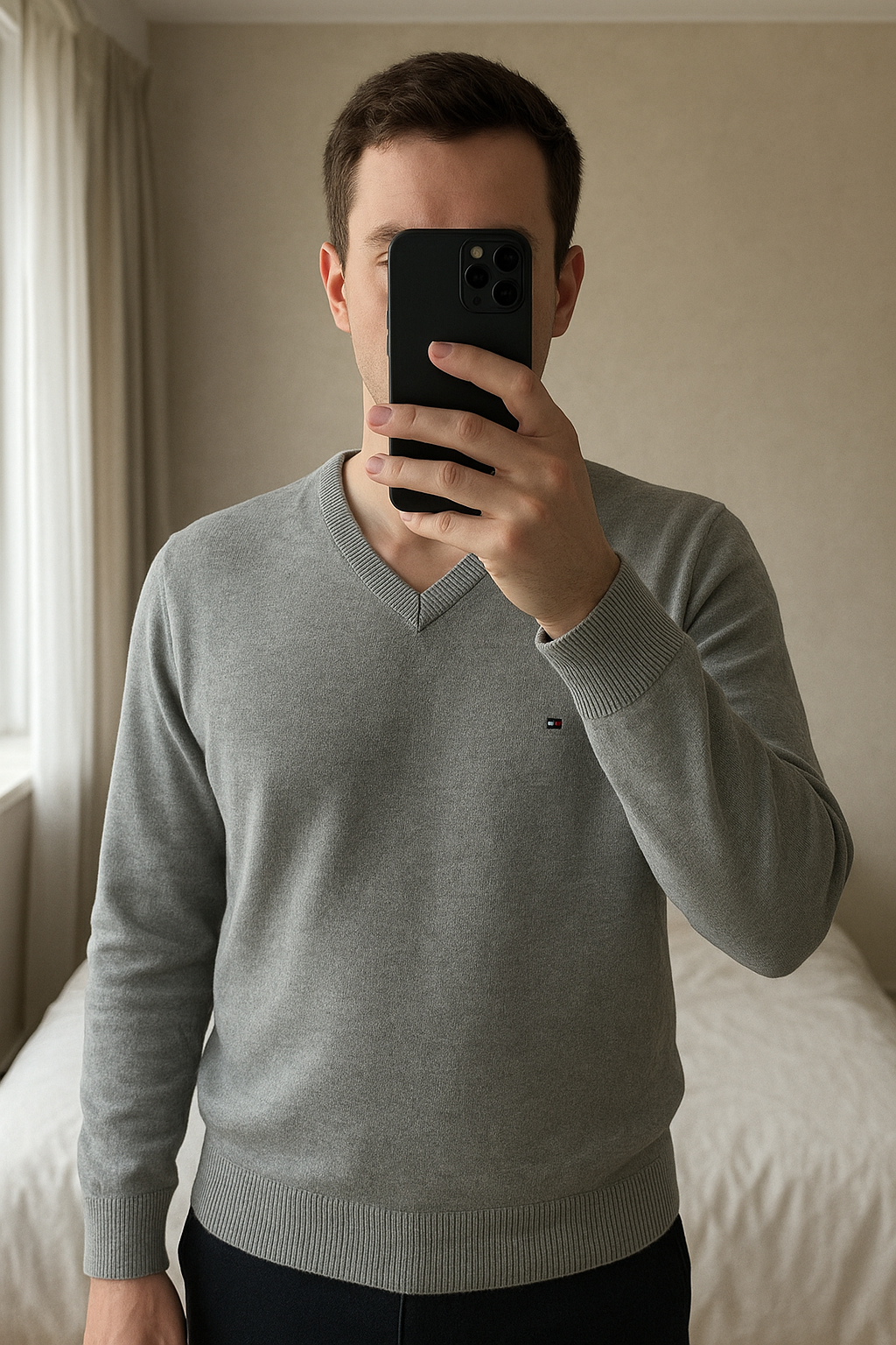 Pull Col V Tommy Hilfiger 100% coton Gris L debout, face à la caméra, dans une chambre à la lumière douce, avec une lumière naturelle filtrant par la fenêtre.