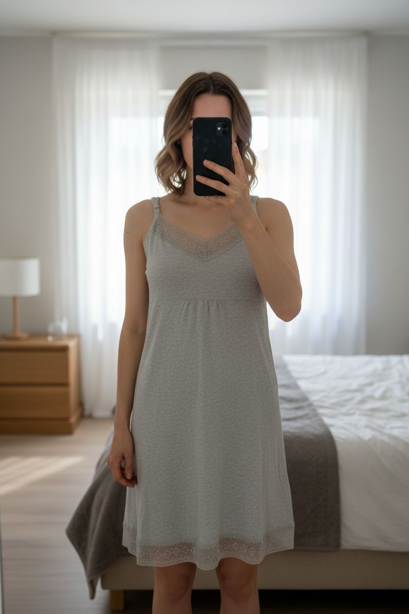 Eine Person in Nachthemd mit Stillfunktion | Gr. S aufrecht stehend, der Kamera zugewandt, mit schlanker Figur, in einem sanft beleuchteten Schlafzimmer, mit natürlichem Licht, das durch ein Fenster fällt.