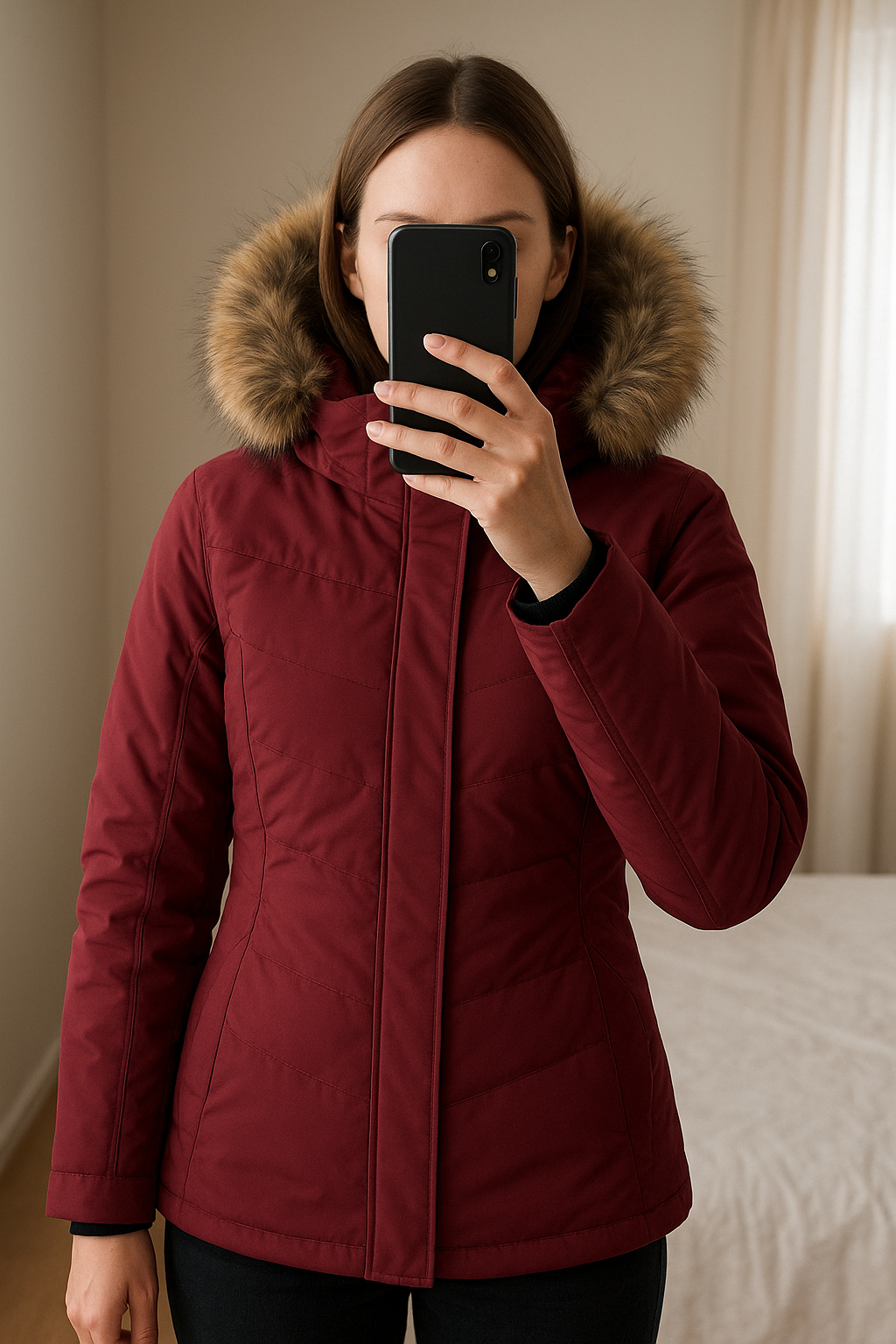 Veste de ski et snowboard Obermeyer taille S bordeaux debout, face à la caméra, dans une chambre à la lumière douce, avec une lumière naturelle filtrant par la fenêtre.