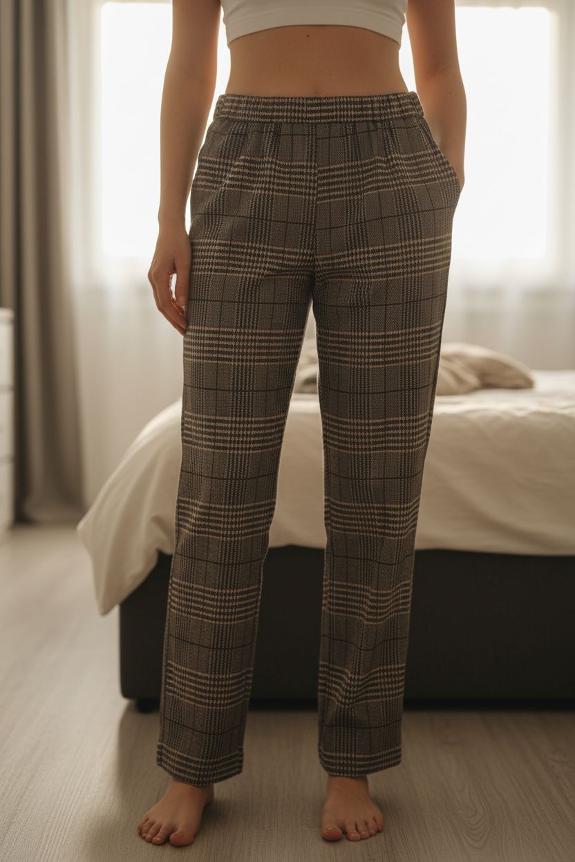 Pantalon debout, face à la caméra, dans une chambre à la lumière douce, avec une lumière naturelle filtrant par la fenêtre.