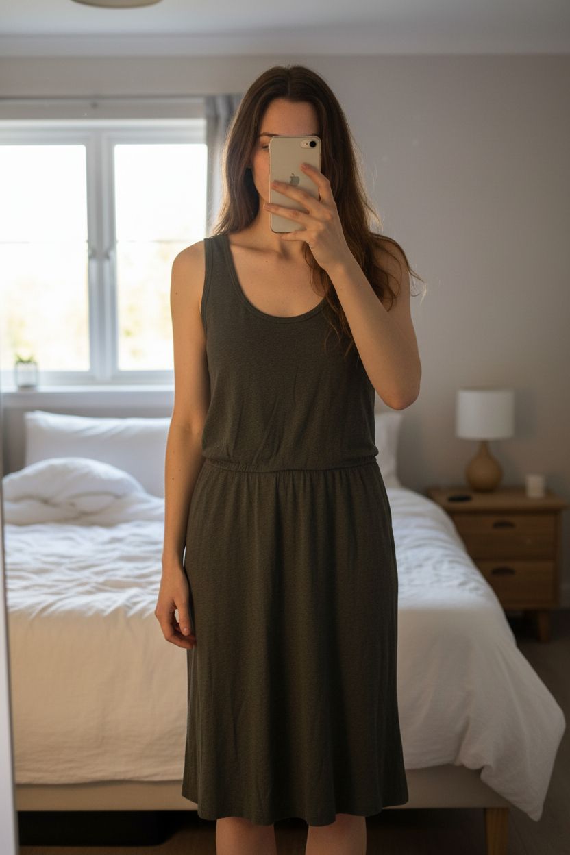 Tolles Leinenkleid | Gr. S aufrecht stehend, der Kamera zugewandt, in einem sanft beleuchteten Schlafzimmer, mit natürlichem Licht, das durch ein Fenster fällt.