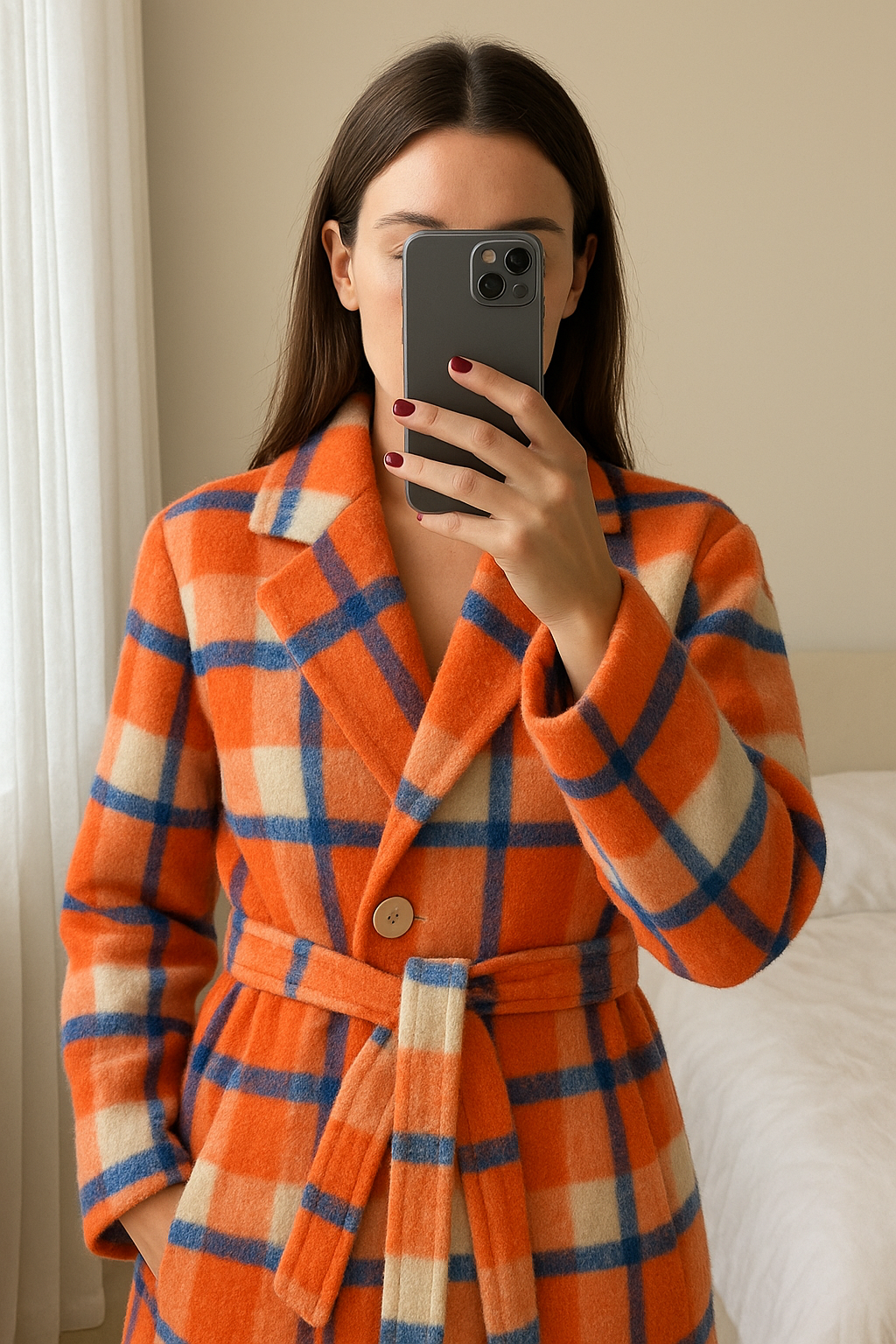 Manteau Frnch S debout, face à la caméra, dans une chambre à la lumière douce, avec une lumière naturelle filtrant par la fenêtre.