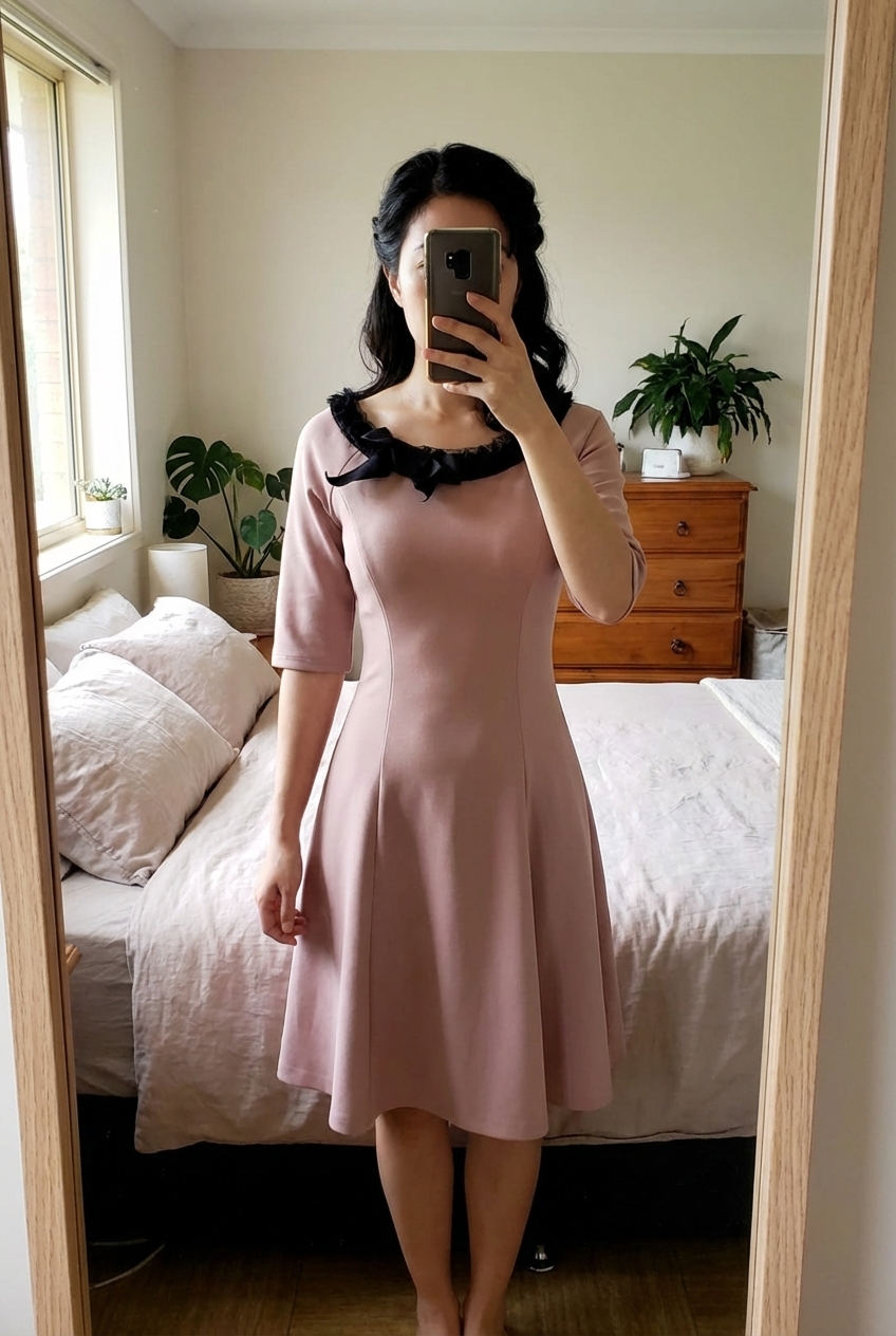 Siblime robe rose poudré debout, face à la caméra, dans une chambre à la lumière douce, avec une lumière naturelle filtrant par la fenêtre.