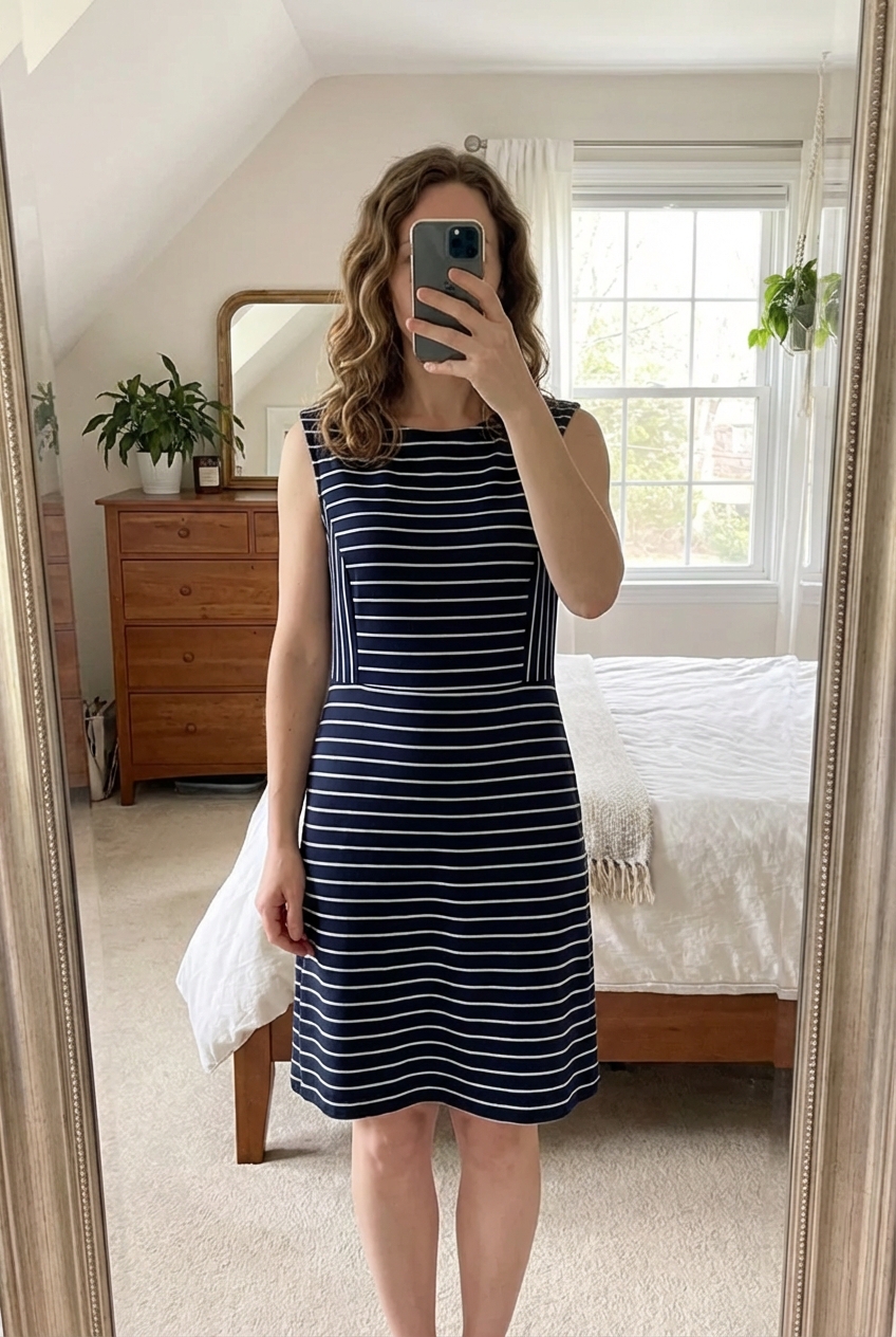 A person in Oasis Classic look Navy & White striped A-line dress size medium fits 12-14 standing straight facing the camera, in a softly lit bedroom setting, with gentle natural light filtering through a window.