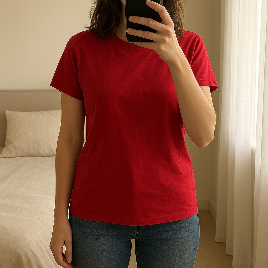 T-shirt rouge femme debout, face à la caméra, dans une chambre à la lumière douce, avec une lumière naturelle filtrant par la fenêtre.