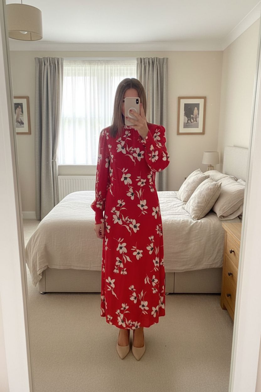Red maxi dress standing straight facing the camera, in a softly lit bedroom setting, with gentle natural light filtering through a window.