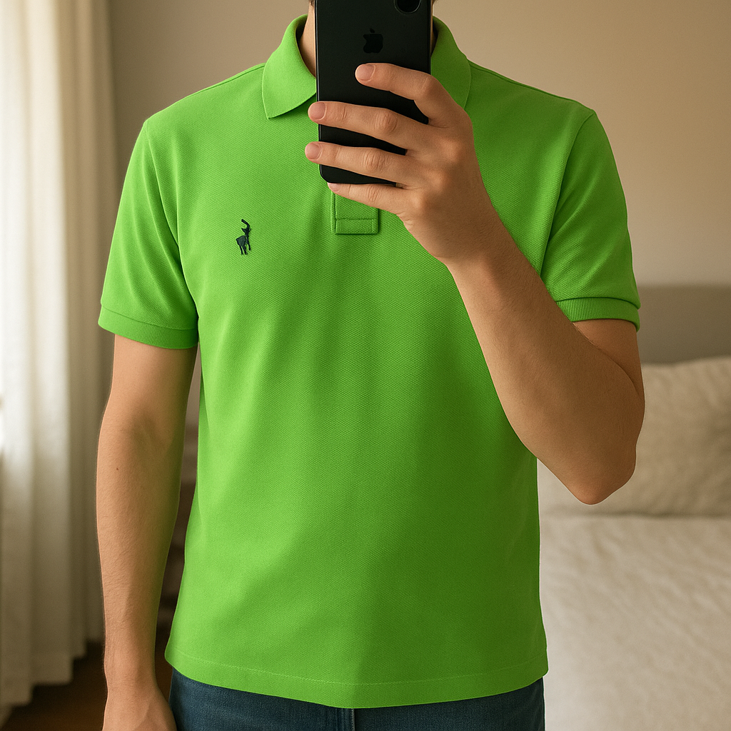 Polo Ralph debout, face à la caméra, dans une chambre à la lumière douce, avec une lumière naturelle filtrant par la fenêtre.