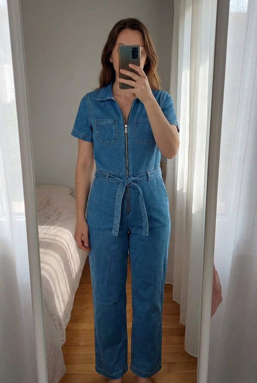 Combinaison jean neuve Cache cache debout, face à la caméra, dans une chambre à la lumière douce, avec une lumière naturelle filtrant par la fenêtre.