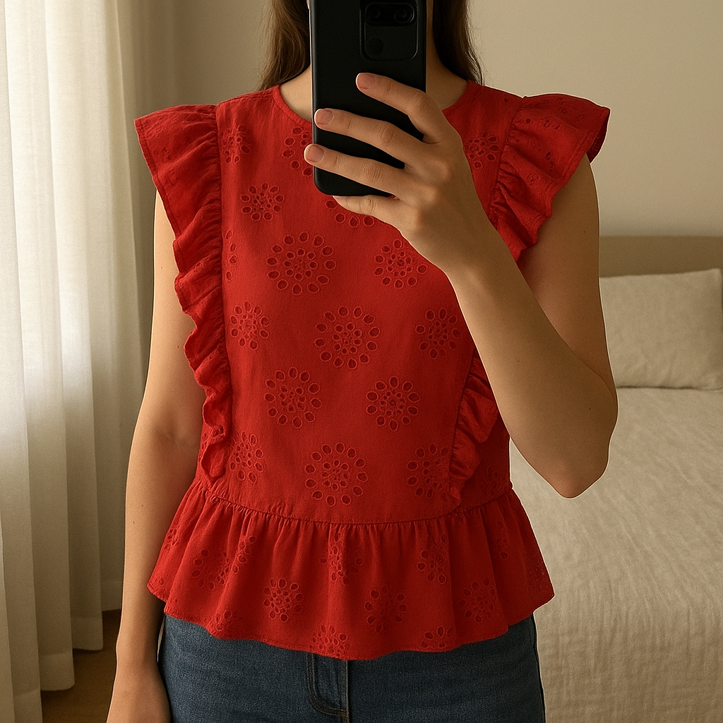 Blouse sans manches rouge à volants Dentelle ajourée Été debout, face à la caméra, dans une chambre à la lumière douce, avec une lumière naturelle filtrant par la fenêtre.