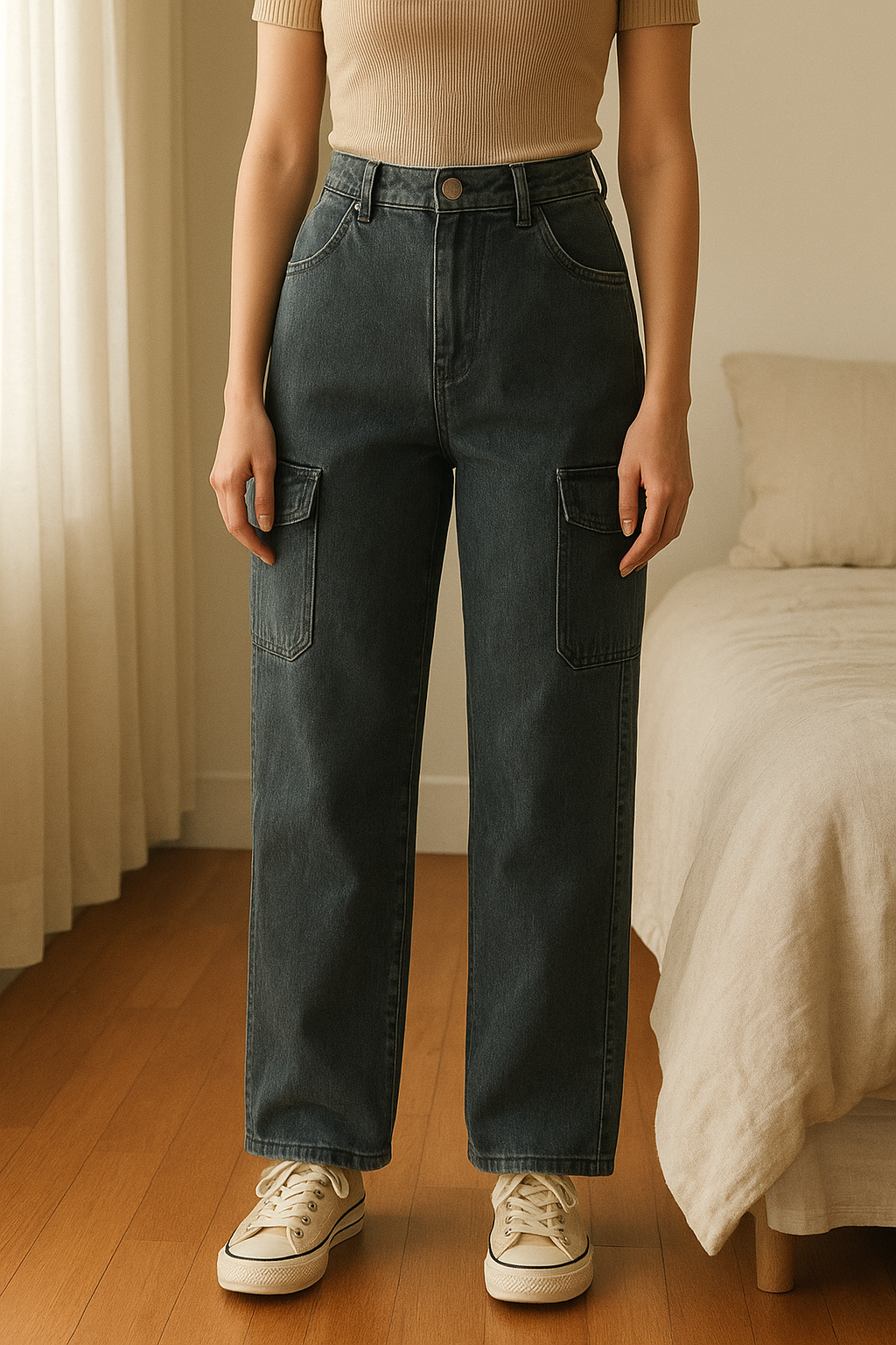 Jeans gris jambes larges M - cargo - Pantaloni denim Donna in piedi, rivolto verso la fotocamera, in una camera da letto con luce soffusa e luce naturale che filtra dalla finestra.