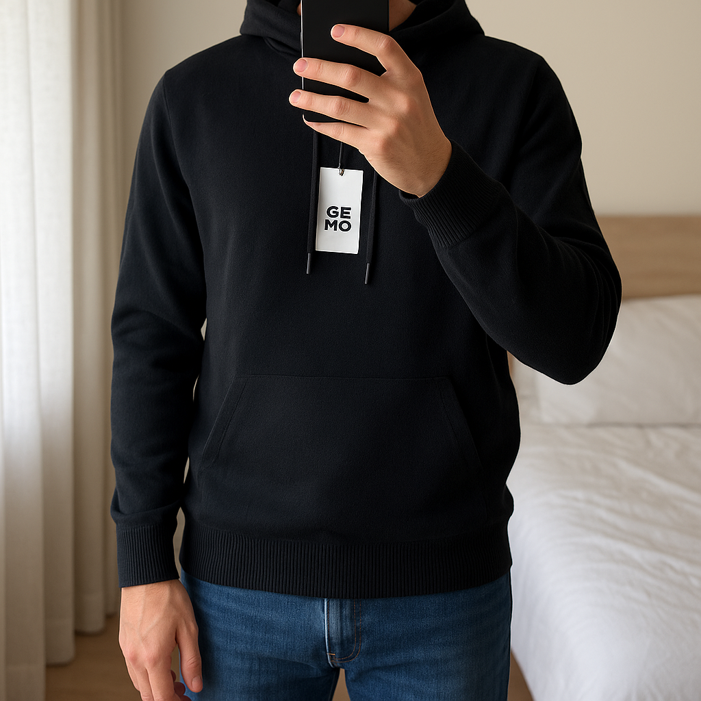 Sweat à capuche homme Gémo noir – Taille L – Neuf avec étiquette – Confort et style casual debout, face à la caméra, dans une chambre à la lumière douce, avec une lumière naturelle filtrant par la fenêtre.