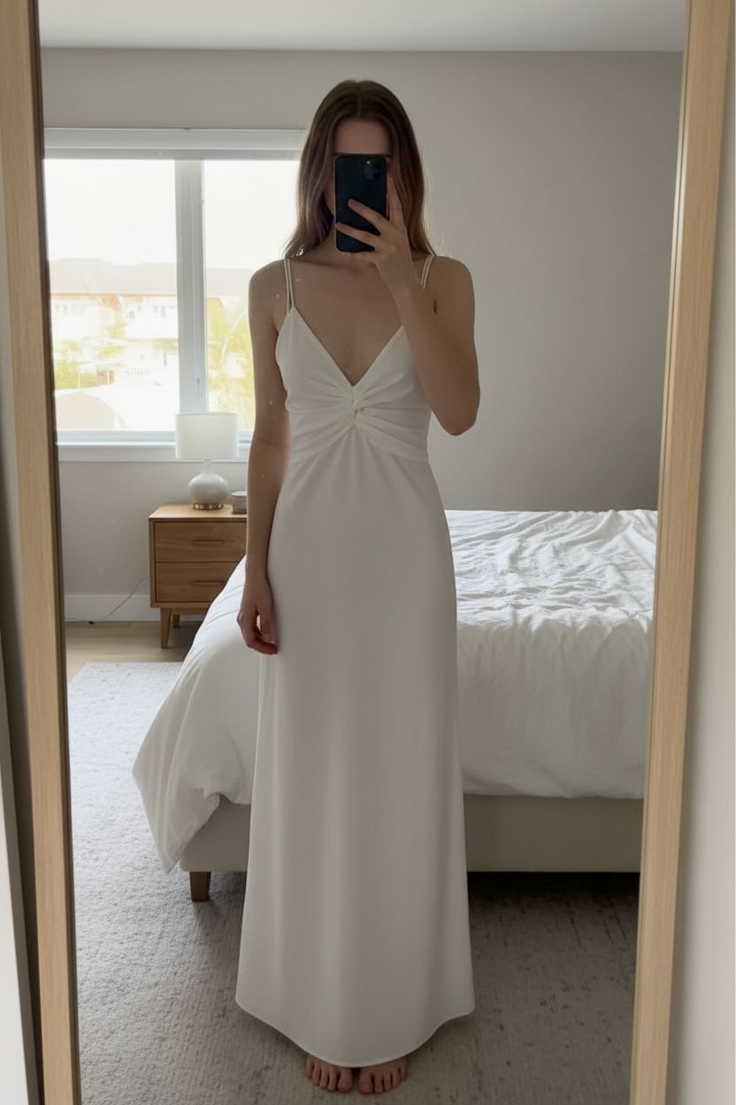 ZARA White Strappy Ruched Midi Dress XS New Without Tags standing straight facing the camera, in a softly lit bedroom setting, with gentle natural light filtering through a window.