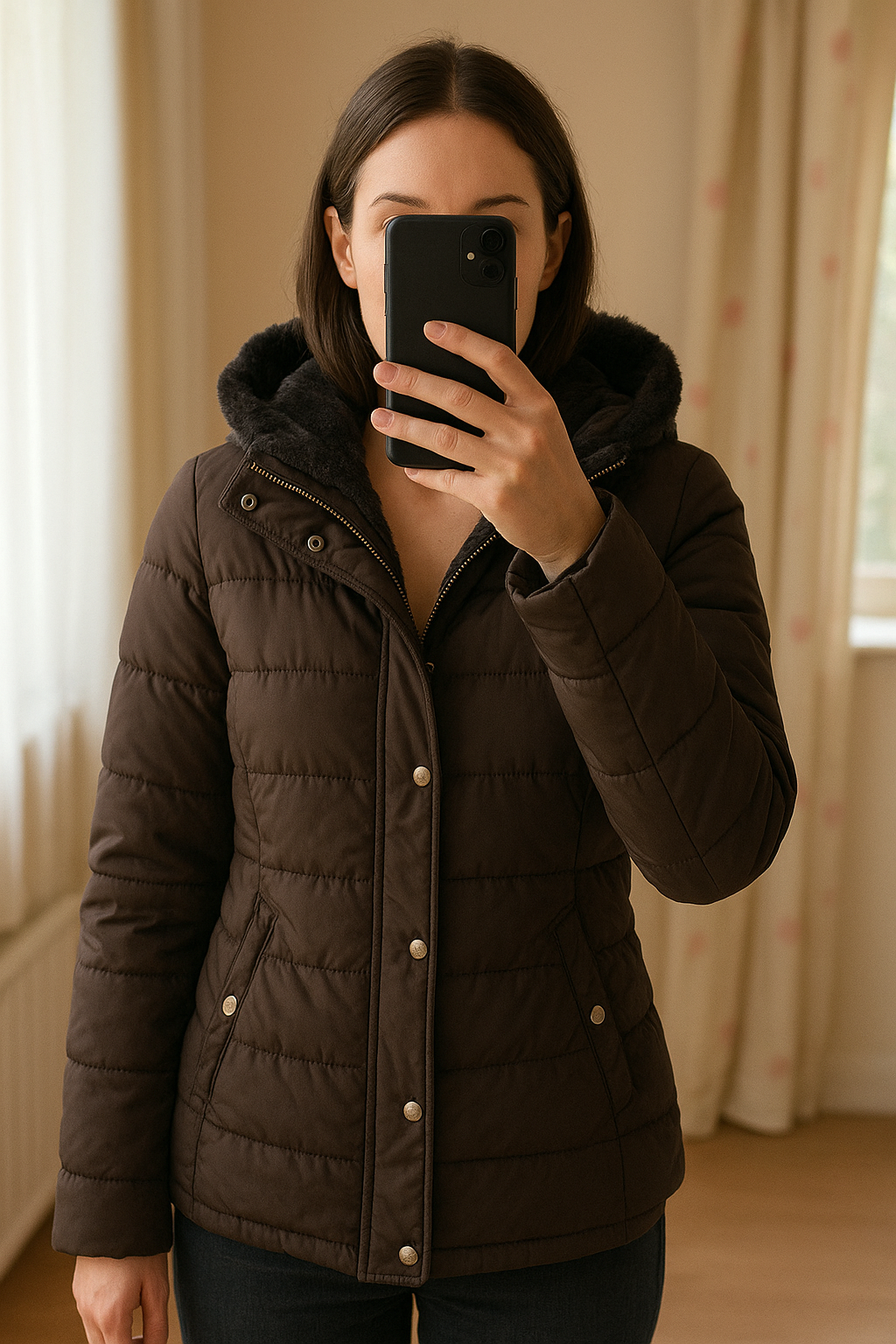 Black puffer jacket standing straight facing the camera, in a softly lit bedroom setting, with gentle natural light filtering through a window.