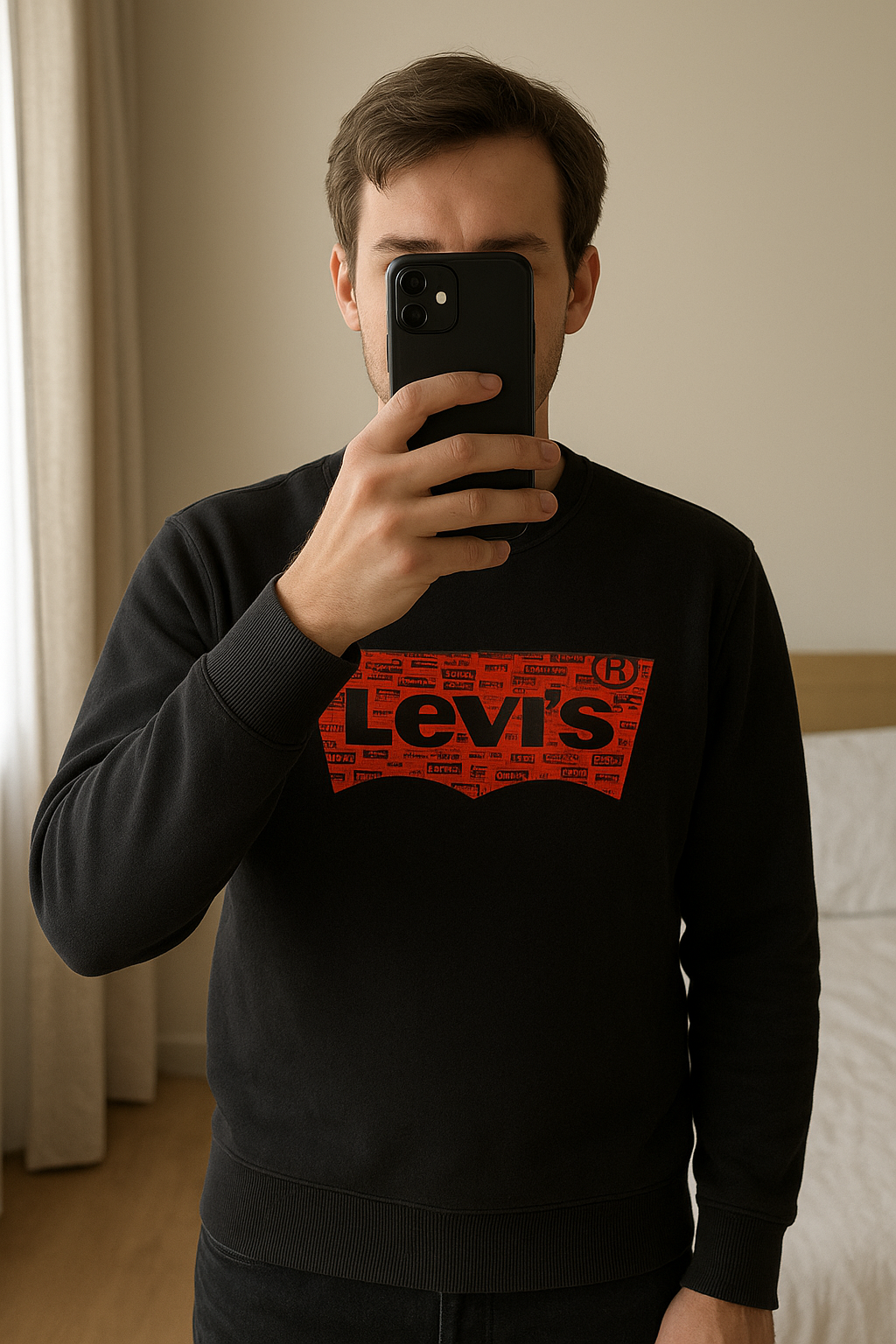 Sweat Levi's taille S en très bon état debout, face à la caméra, dans une chambre à la lumière douce, avec une lumière naturelle filtrant par la fenêtre.