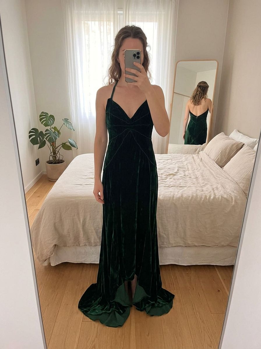 Robe verte bouteille velours debout, face à la caméra, dans une chambre à la lumière douce, avec une lumière naturelle filtrant par la fenêtre.