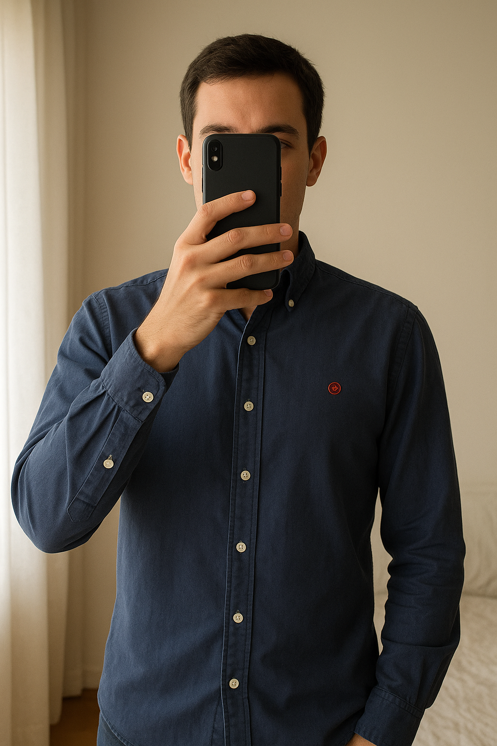 Chemise El Ganso taille M Bleue debout, face à la caméra, dans une chambre à la lumière douce, avec une lumière naturelle filtrant par la fenêtre.