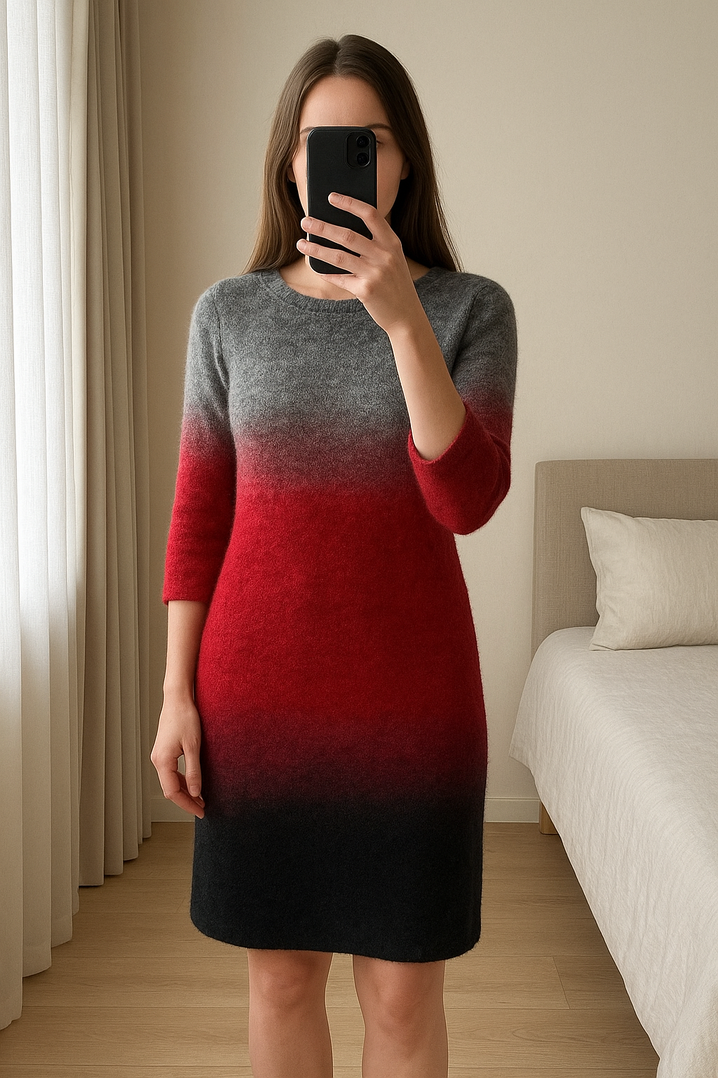 Robe en laine chaude et doublée Mango taille S 36 debout, face à la caméra, dans une chambre à la lumière douce, avec une lumière naturelle filtrant par la fenêtre.