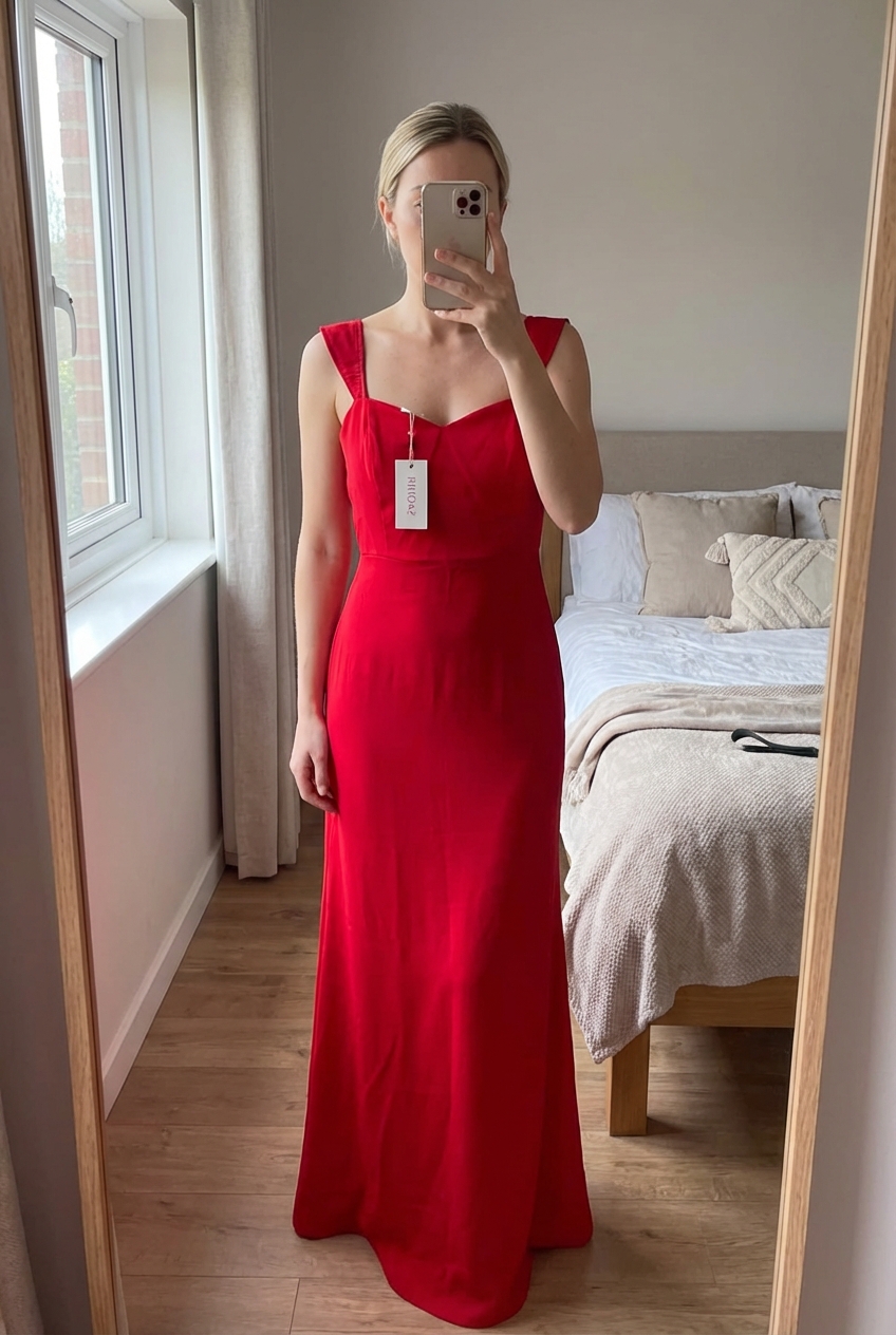 Vestido midi tirantes rojo de pie, mirando a la cámara, en un dormitorio con luz suave y natural filtrándose por la ventana.