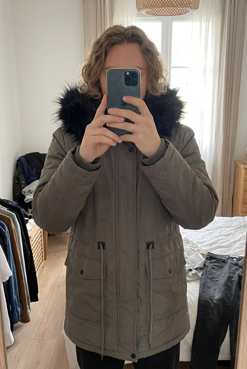 Parka avec fausse fourrure debout, face à la caméra, dans une chambre à la lumière douce, avec une lumière naturelle filtrant par la fenêtre.