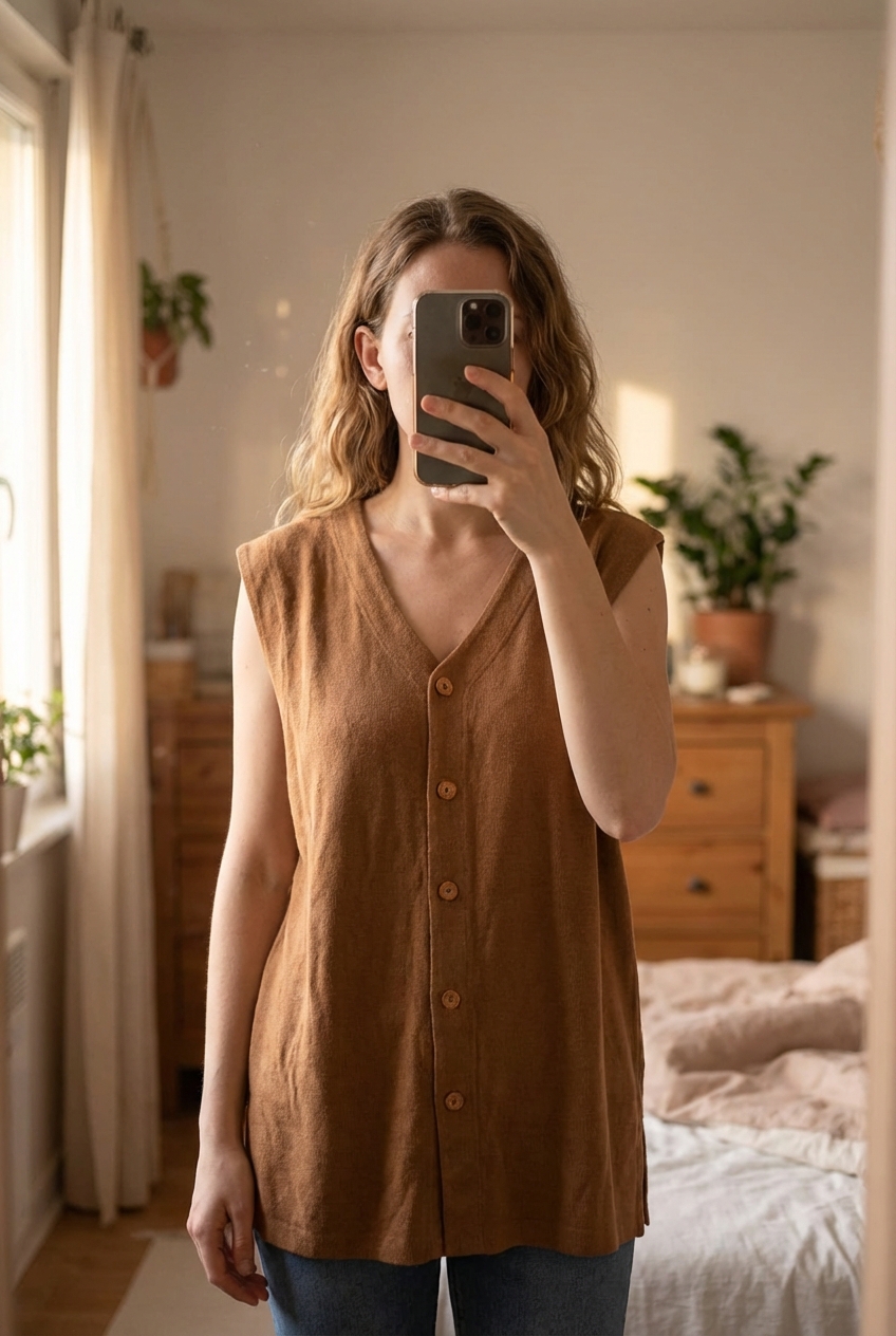 Zara gilet dans manche debout, face à la caméra, dans une chambre à la lumière douce, avec une lumière naturelle filtrant par la fenêtre.