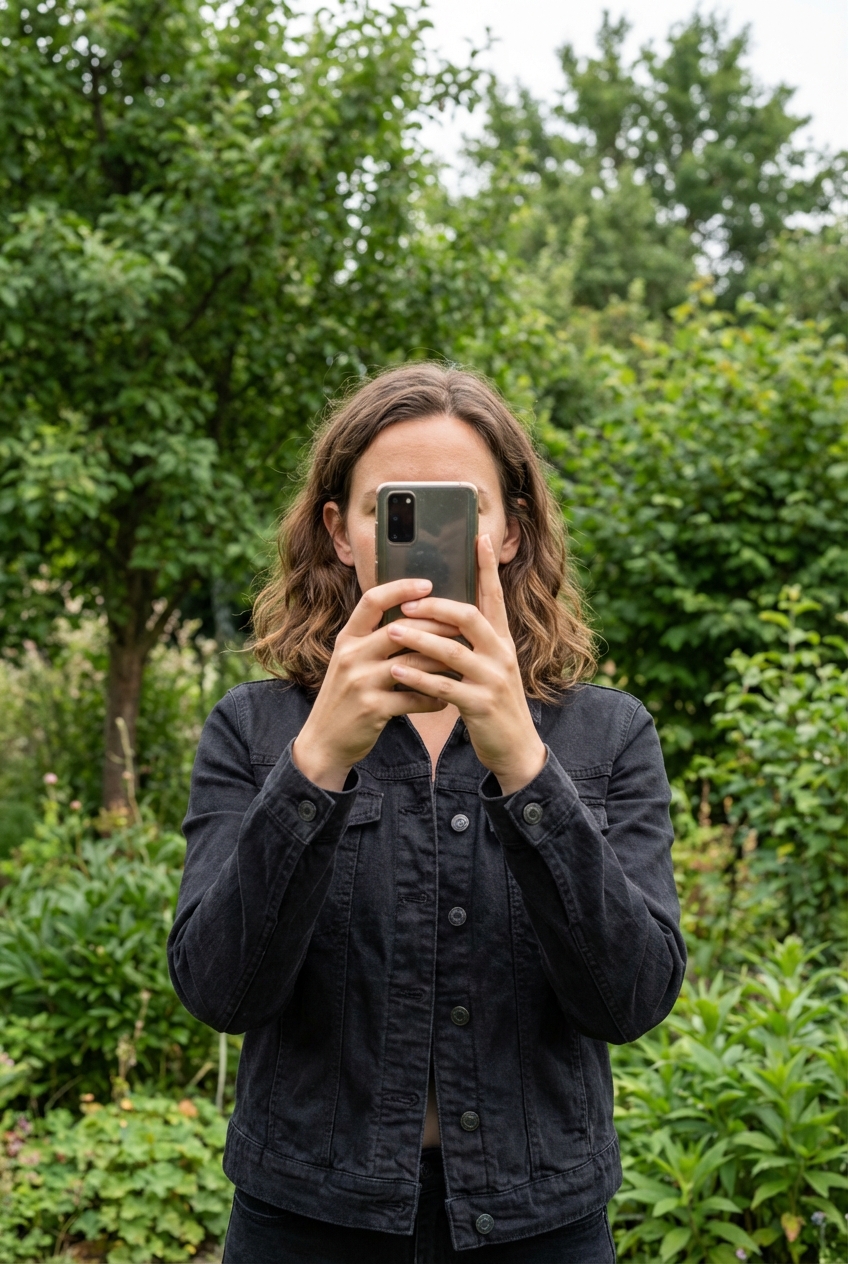 Eine Person in Schöne, schlichte Jeansjacke - toll für den Übergang | Gr. M aufrecht stehend, der Kamera zugewandt, mit schlanker Figur, im Freien, in einer natürlichen Umgebung, umgeben von Grün und sanftem Tageslicht.