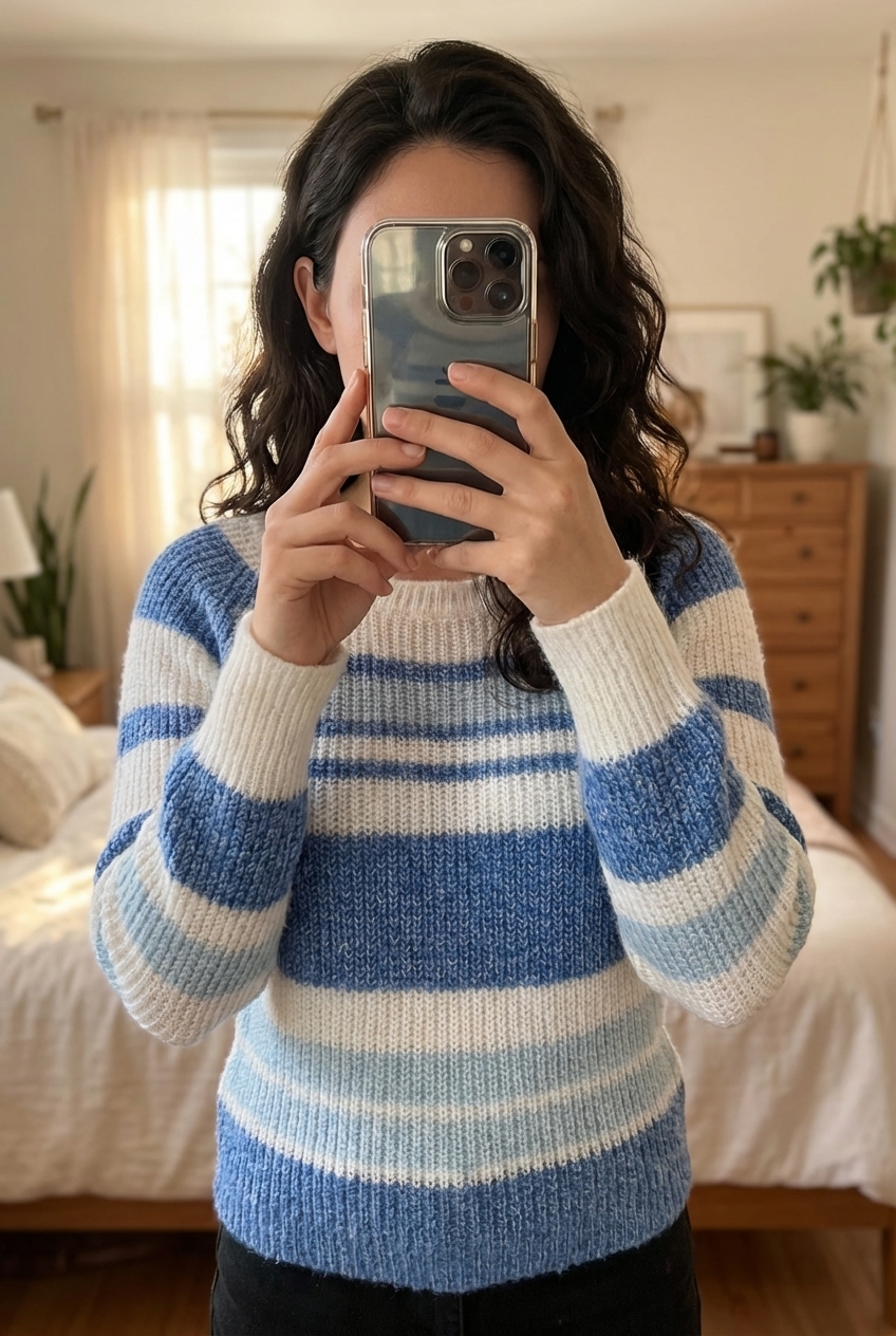 Pull bleu à rayure debout, face à la caméra, dans une chambre à la lumière douce, avec une lumière naturelle filtrant par la fenêtre.