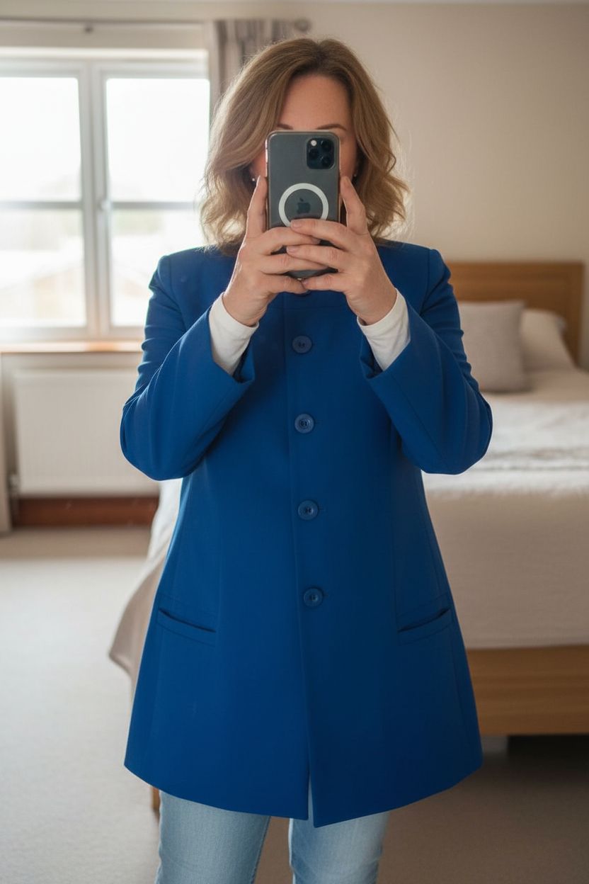 Ladies long blue blazer standing straight facing the camera, in a softly lit bedroom setting, with gentle natural light filtering through a window.