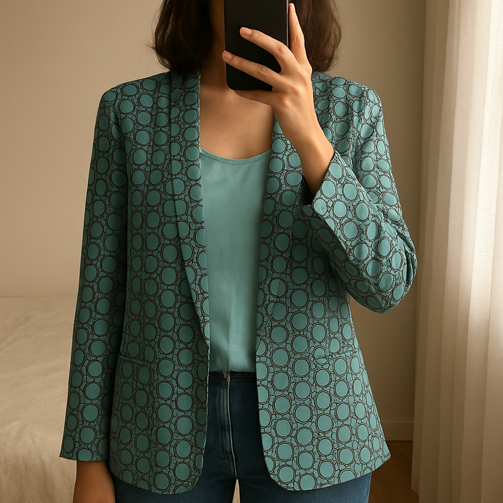 Blazer fantasia in piedi, rivolto verso la fotocamera, in una camera da letto con luce soffusa e luce naturale che filtra dalla finestra.