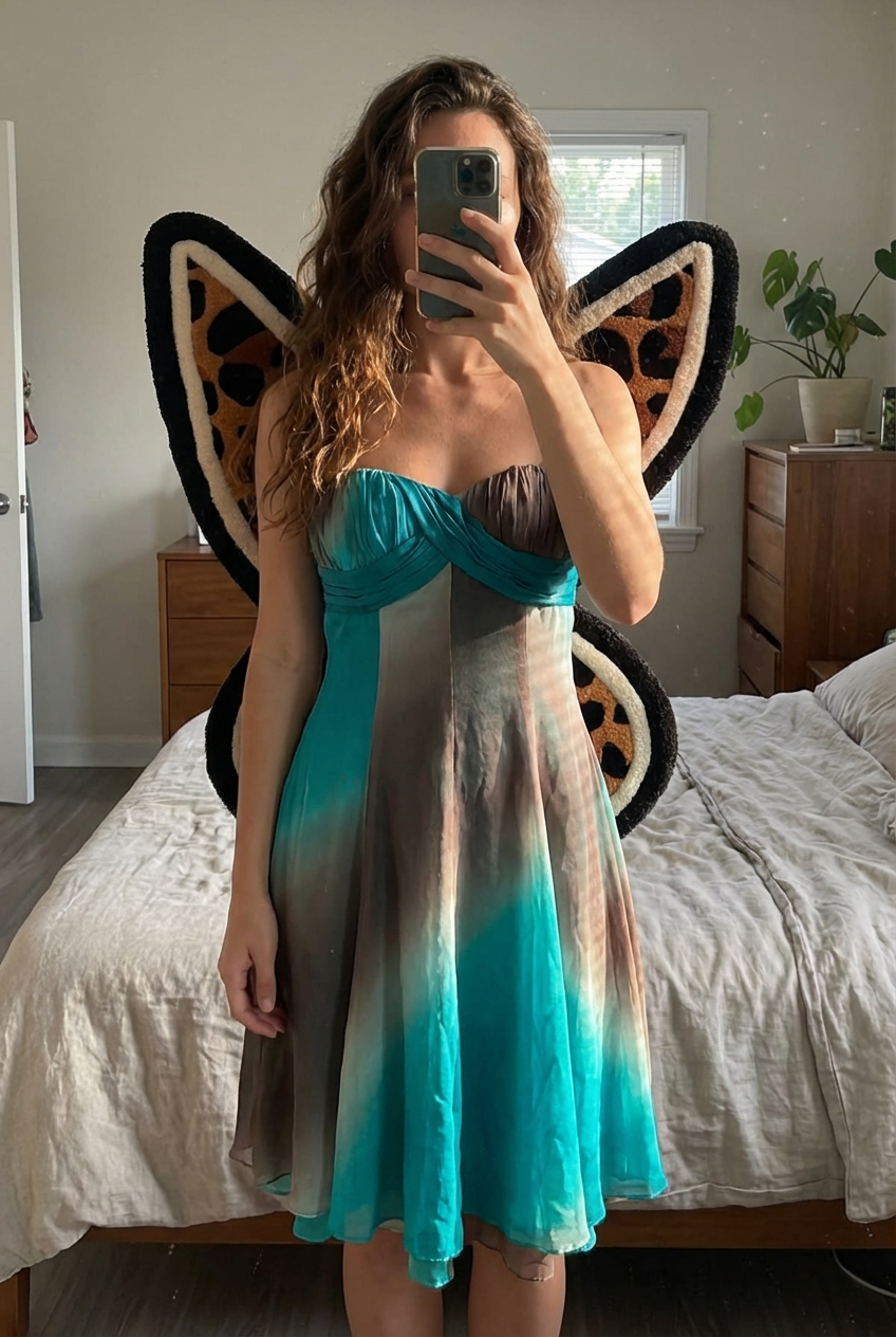 A person in Vintage Y2K monsoon blue brown floaty strapless mini dress standing straight facing the camera, in a softly lit bedroom setting, with gentle natural light filtering through a window.