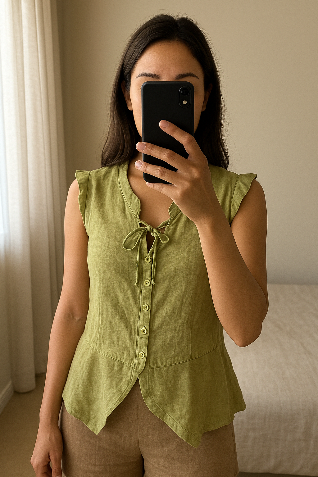 Une personne en Top vintage coquette esthetic y2k retro debout, face à la caméra, dans une chambre à la lumière douce, avec une lumière naturelle filtrant par la fenêtre.