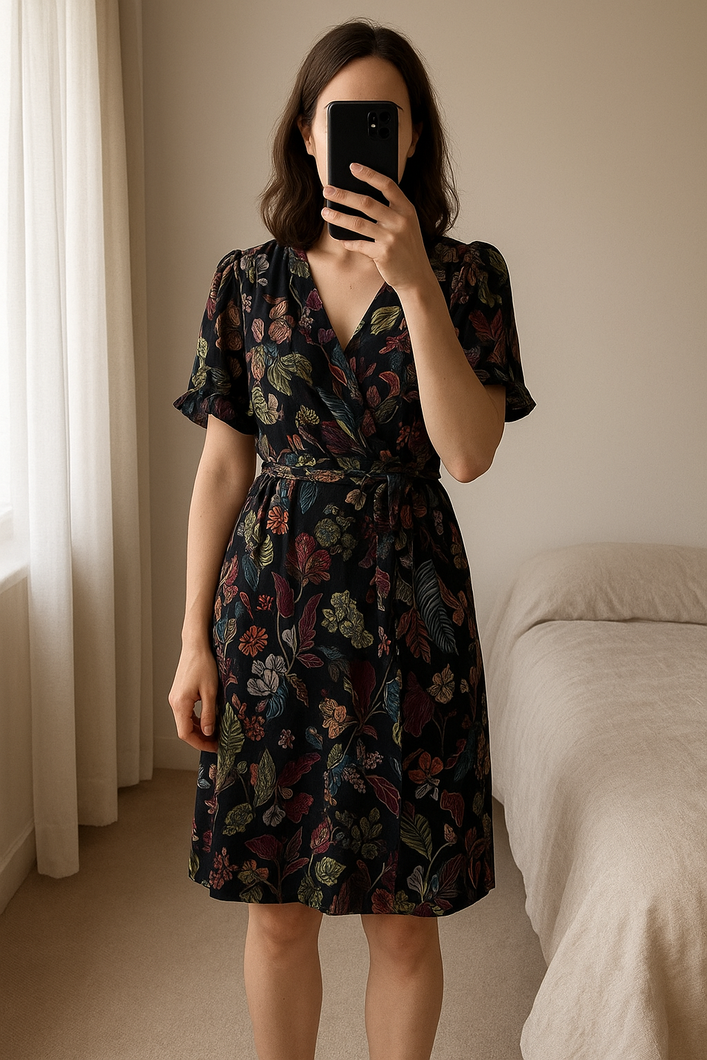 Robe promod T 44 debout, face à la caméra, dans une chambre à la lumière douce, avec une lumière naturelle filtrant par la fenêtre.