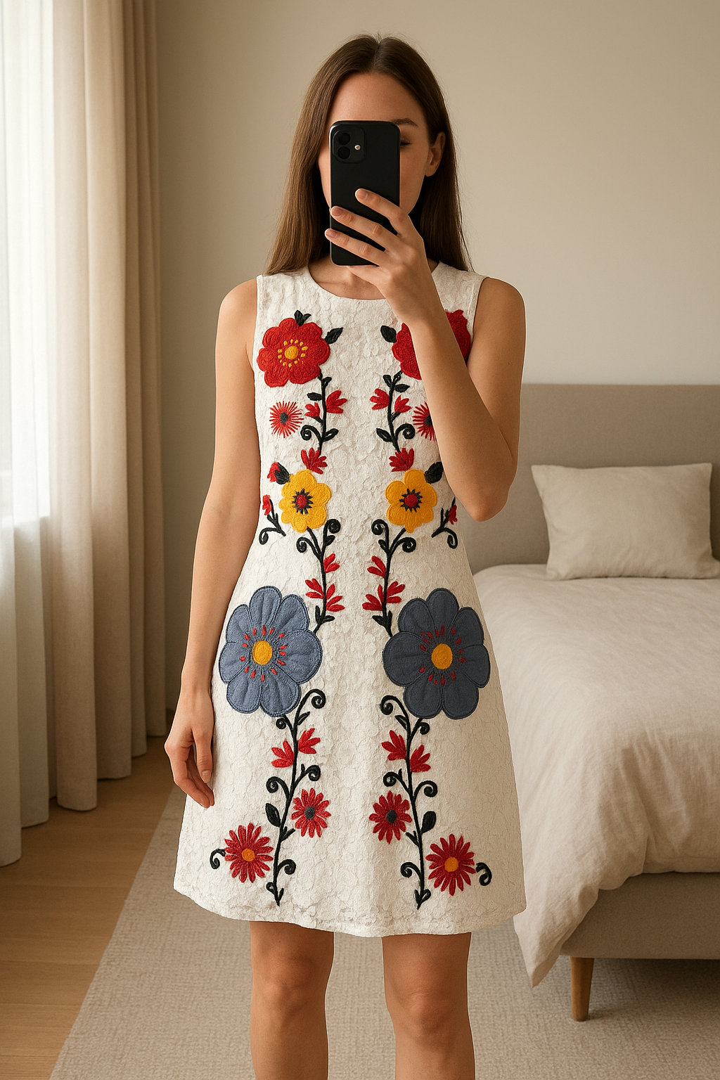 French Connection Lace Floral Dress standing straight facing the camera, in a softly lit bedroom setting, with gentle natural light filtering through a window.