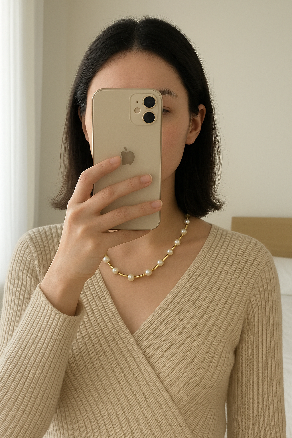 Collier en or 18K avec véritables perles – 19,6 g – Excellent état debout, face à la caméra, dans une chambre à la lumière douce, avec une lumière naturelle filtrant par la fenêtre.