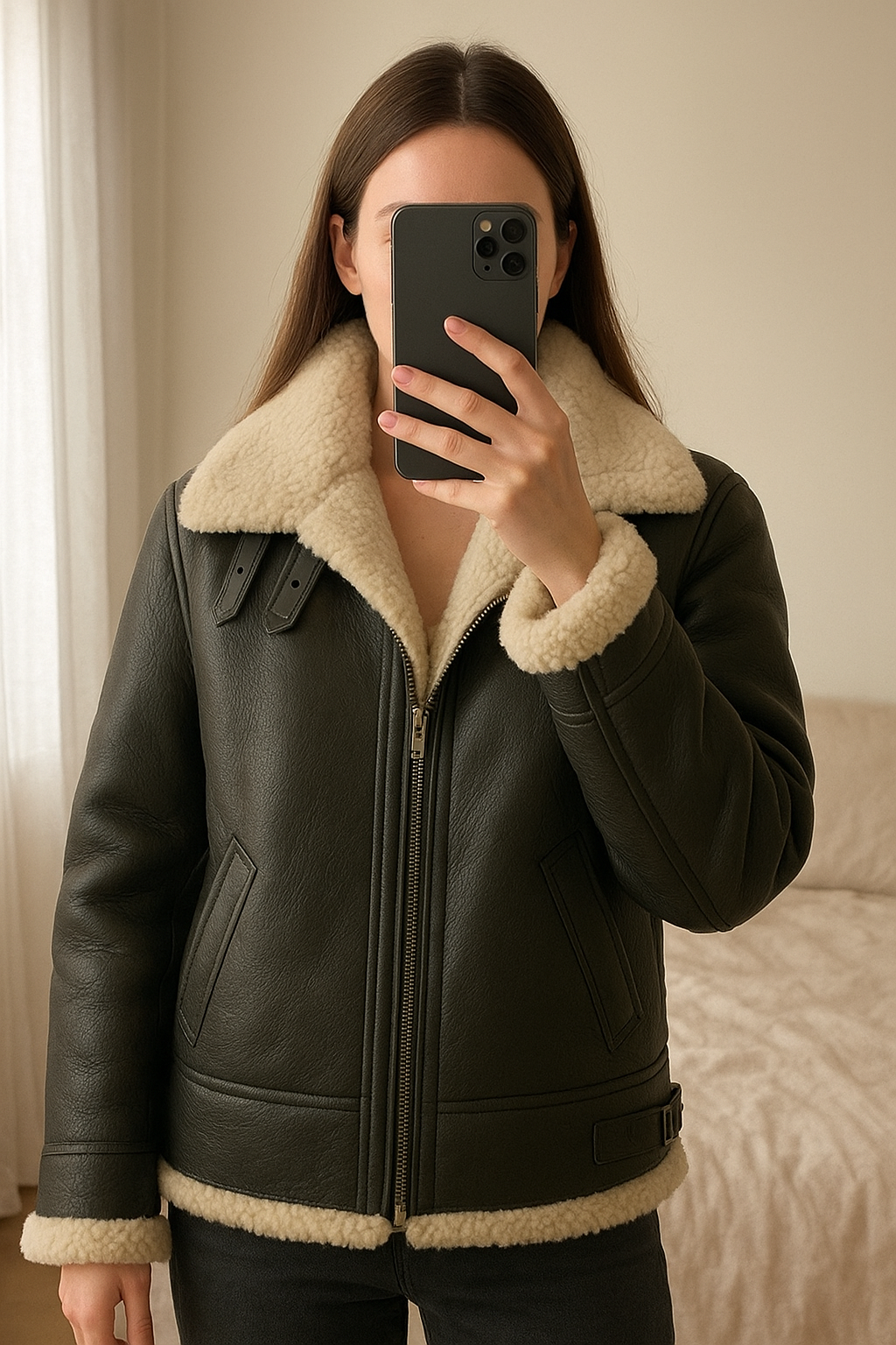 Manteau bombardier cuir Iro modèle Dafny t.34 debout, face à la caméra, dans une chambre à la lumière douce, avec une lumière naturelle filtrant par la fenêtre.