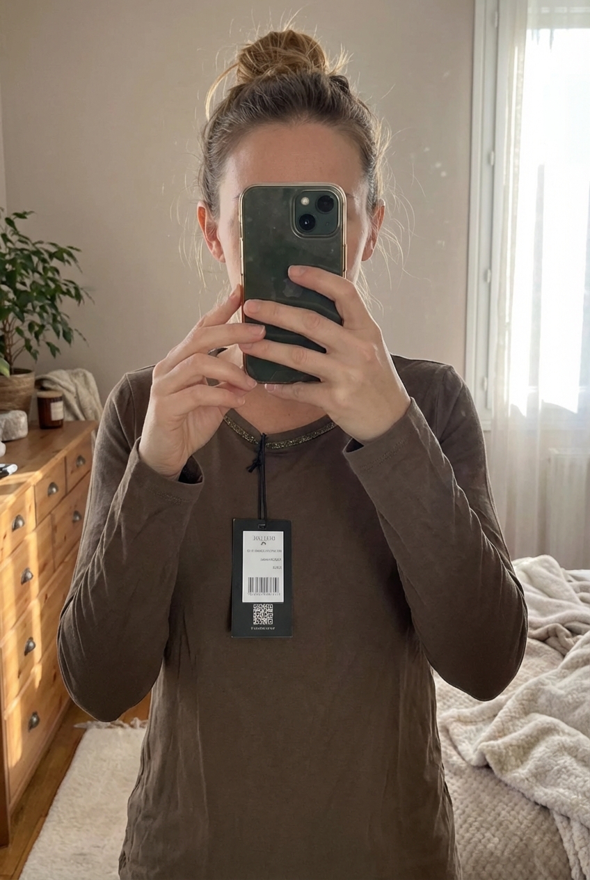 The shirt manches longues marque De Luxe debout, face à la caméra, dans une chambre à la lumière douce, avec une lumière naturelle filtrant par la fenêtre.