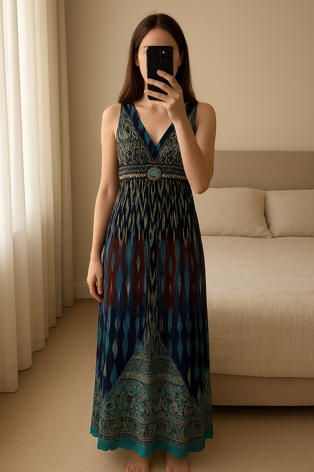 Beautiful long maxi dress size 12 (but small made) standing straight facing the camera, in a softly lit bedroom setting, with gentle natural light filtering through a window.