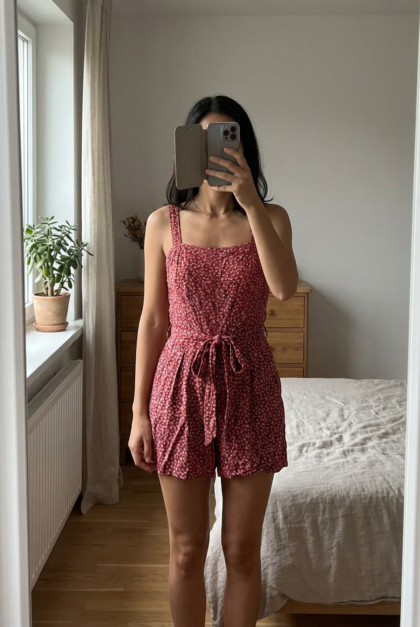 Eine Person in Super süßer Jumpsuit mit Blumenmuster | Gr. S aufrecht stehend, der Kamera zugewandt, mit schlanker Figur, in einem sanft beleuchteten Schlafzimmer, mit natürlichem Licht, das durch ein Fenster fällt.