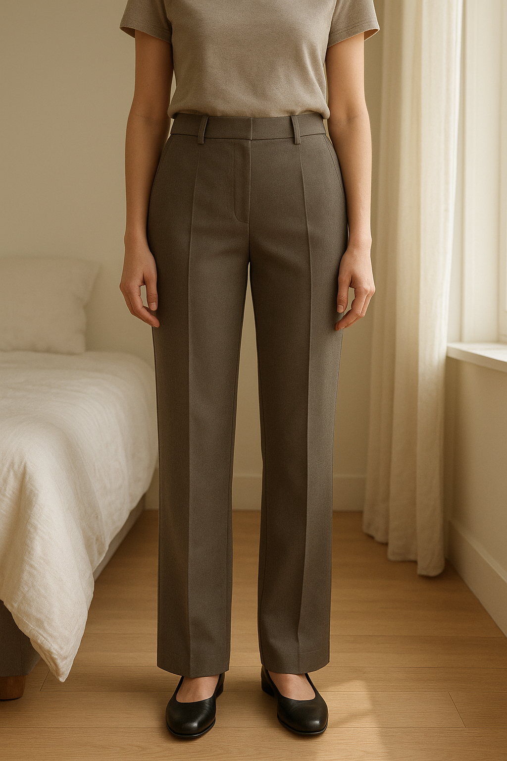 Pantalon cigarette taupe debout, face à la caméra, dans une chambre à la lumière douce, avec une lumière naturelle filtrant par la fenêtre.