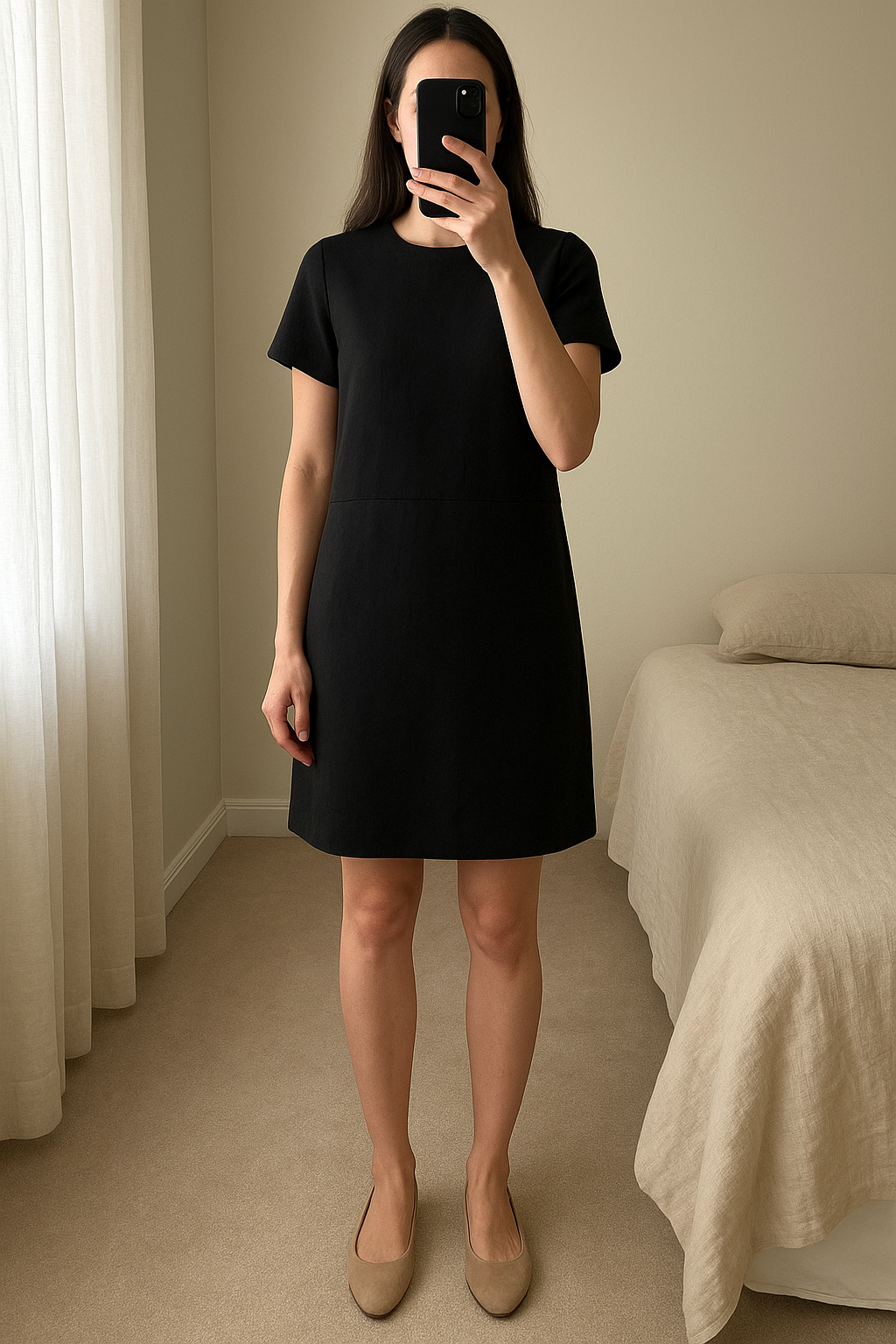 Robe grise Comptoir des cotonniers taille 34 debout, face à la caméra, dans une chambre à la lumière douce, avec une lumière naturelle filtrant par la fenêtre.